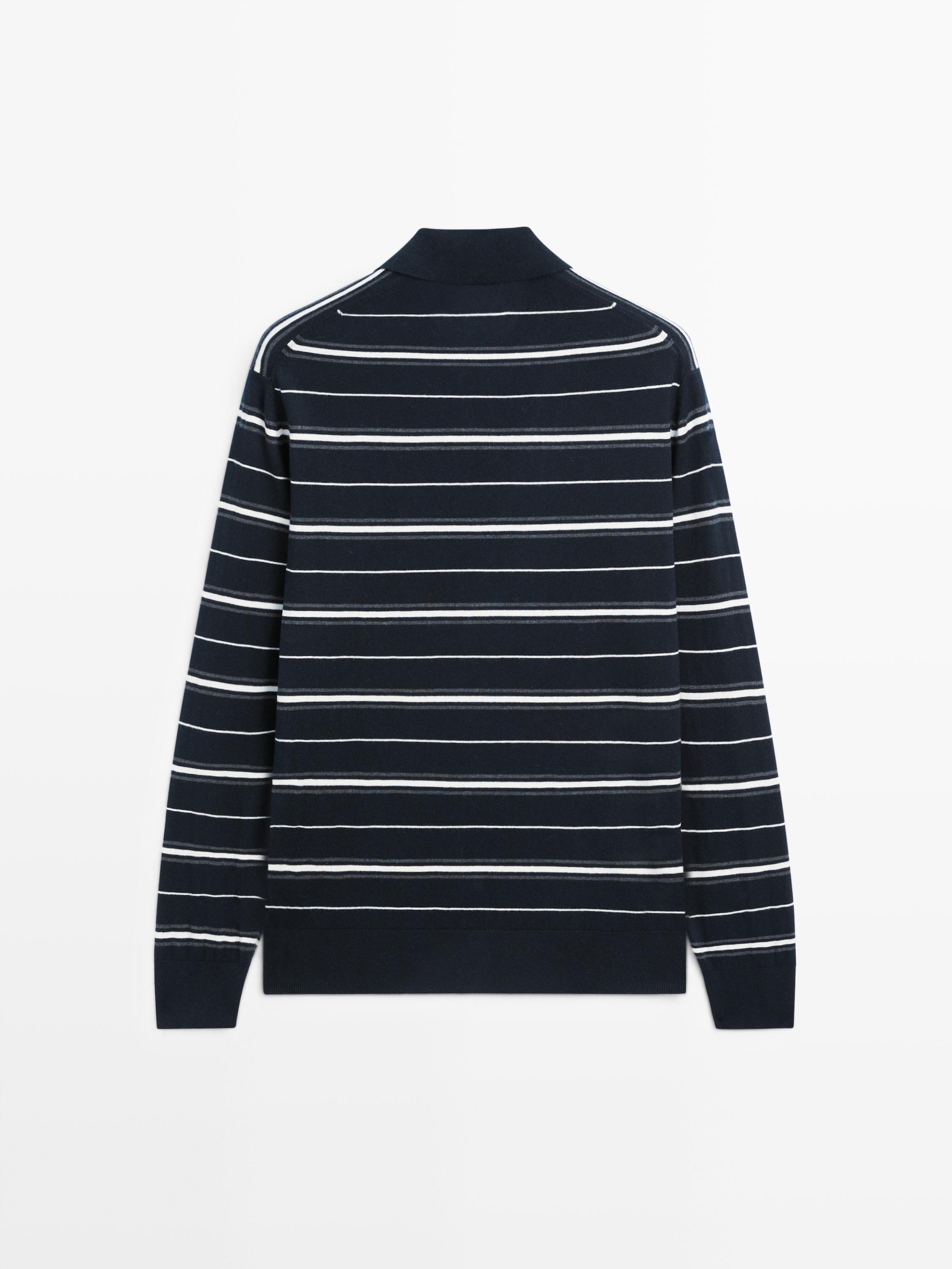 Cotton blend striped knit polo sweater